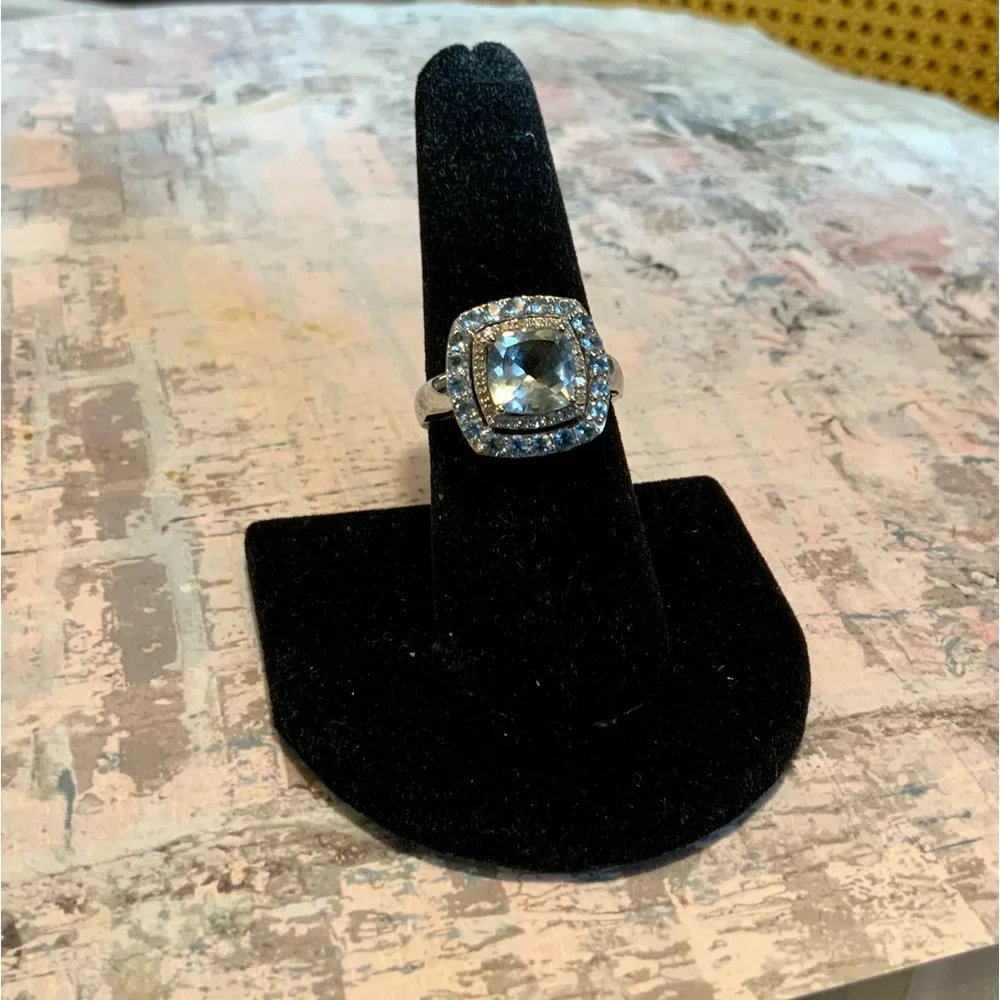 Stunning 10K Cushion-Cut Swiss Blue Topaz & Diamond Ring - Double Halo - Sz 6.75 - Picture 9 of 16